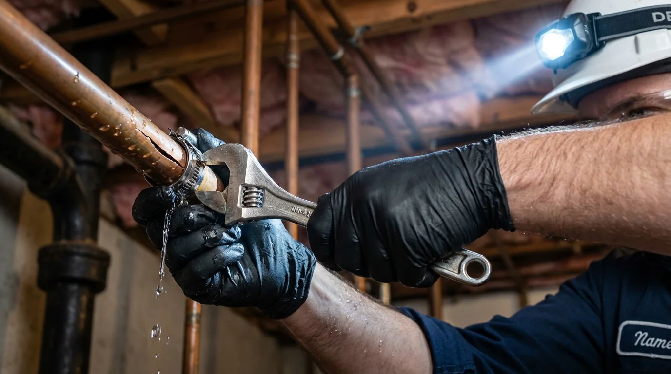 Emergency pipe clamp repair being performed by a Johns Plumbing LLC plumber in Meridian